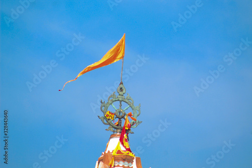 lord jagannath temple top view nila chakra with flag world famous unique with blue sky in day light