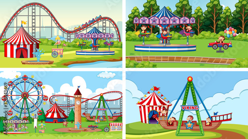 Four scenes with happy monkeys riding rides in the fair