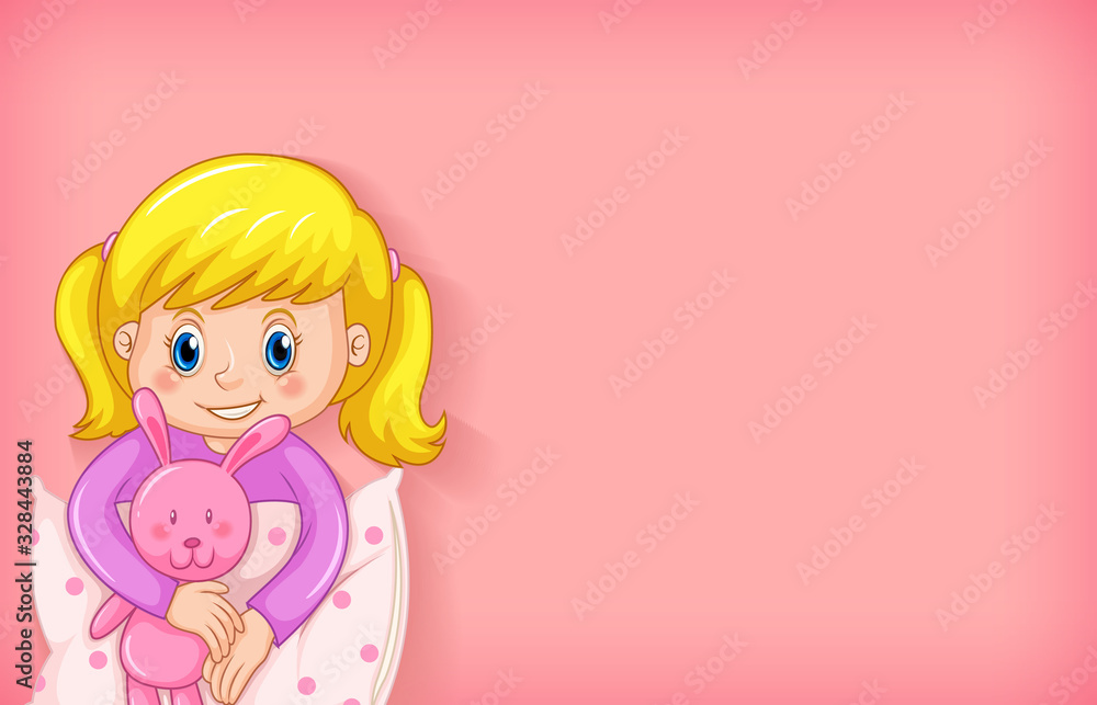 Background template design with happy girl in pink pajamas Background template design with happy girl in pink pajamas