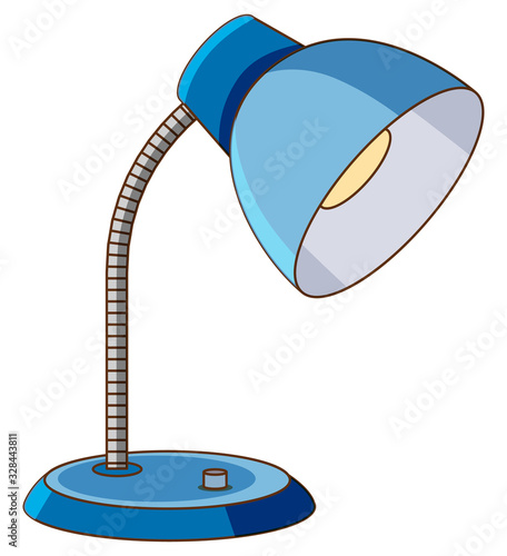 Blue lamp with yellow lightbulb on white background