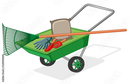 Green wagon with gardening tools and bag of soil