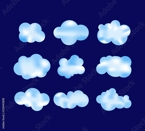 Volumetric clouds.Clouds with circles on a dark background.Set,collection of clouds on a flat dark blue background.Vector illustration
