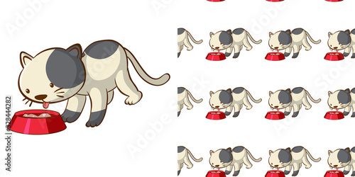 Seamless background design with kitten licking milk from bowl
