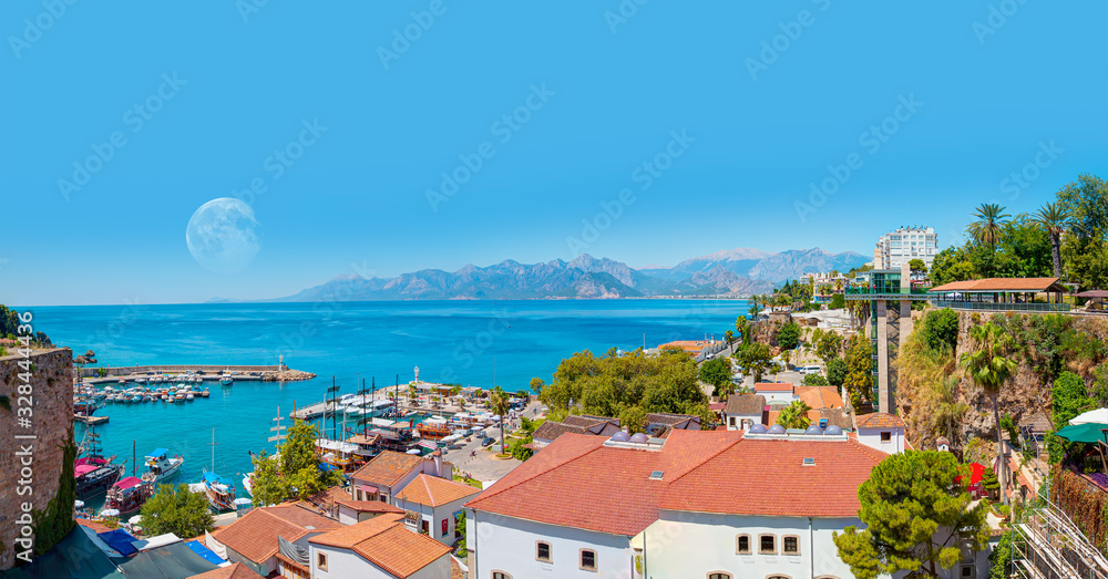 Panoramic view of Old Town port with Mediterrranean Sea -Antalya, Turkey
