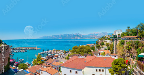 Fototapeta Naklejka Na Ścianę i Meble -  Panoramic view of Old Town port with Mediterrranean Sea -Antalya, Turkey