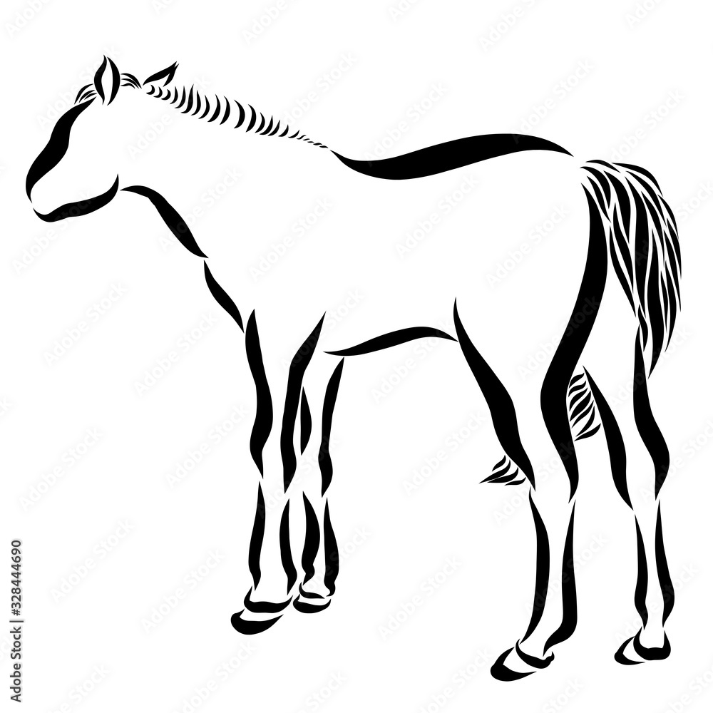 standing horse wagging its tail, black outline on a white background