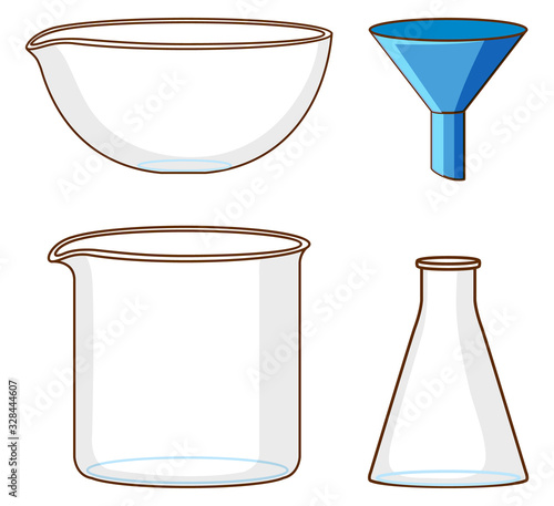 Set of science containers on white background