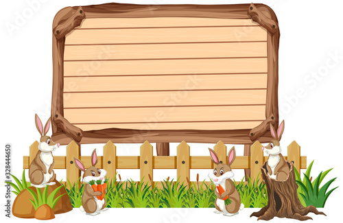 Wooden sign template with many rabbits in the park