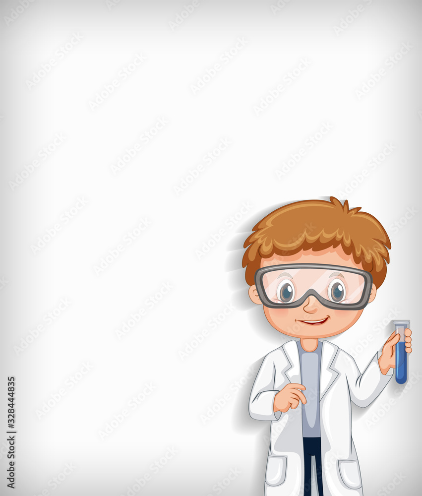 Background template design with happy boy in science gown