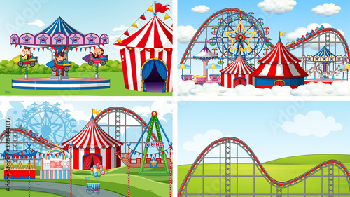 Four scenes with many rides in the fun fair