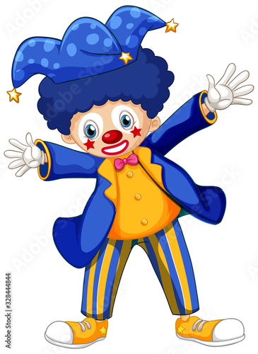 Happy clown in blue jacket and blue hat on white background