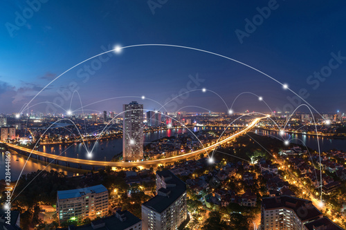 Smart city and wireless communication network concept. Digital network connection lines © Hanoi Photography