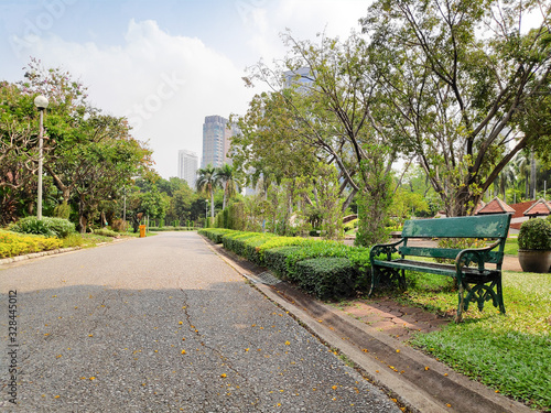 The benches in the garden are beautiful and bright for relaxation.