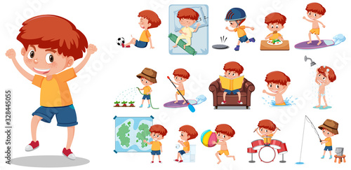 Large set of boy doing different activities on white background