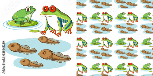 Seamless background design with frogs and tadpoles