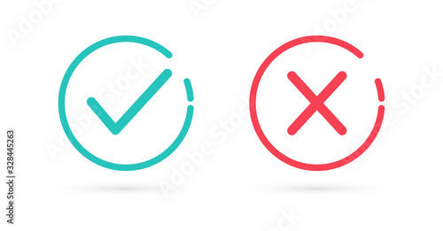 Check mark and cross icons on white background. Vector illustration