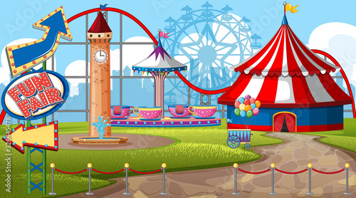 Scene with big circus tent and spinning cup in the fair