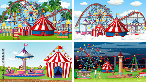 Four scenes with many rides in the fun fair