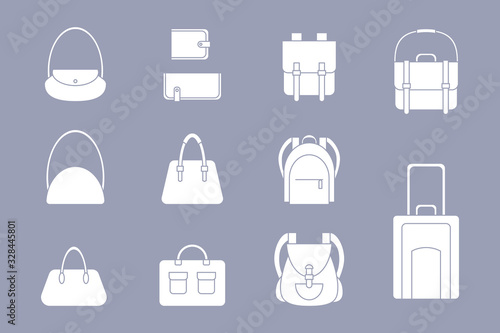 Handbag Icons set - Vector silhouettes of bag, backpack, purse, clutch, luggage, suitcase for the site or interface
