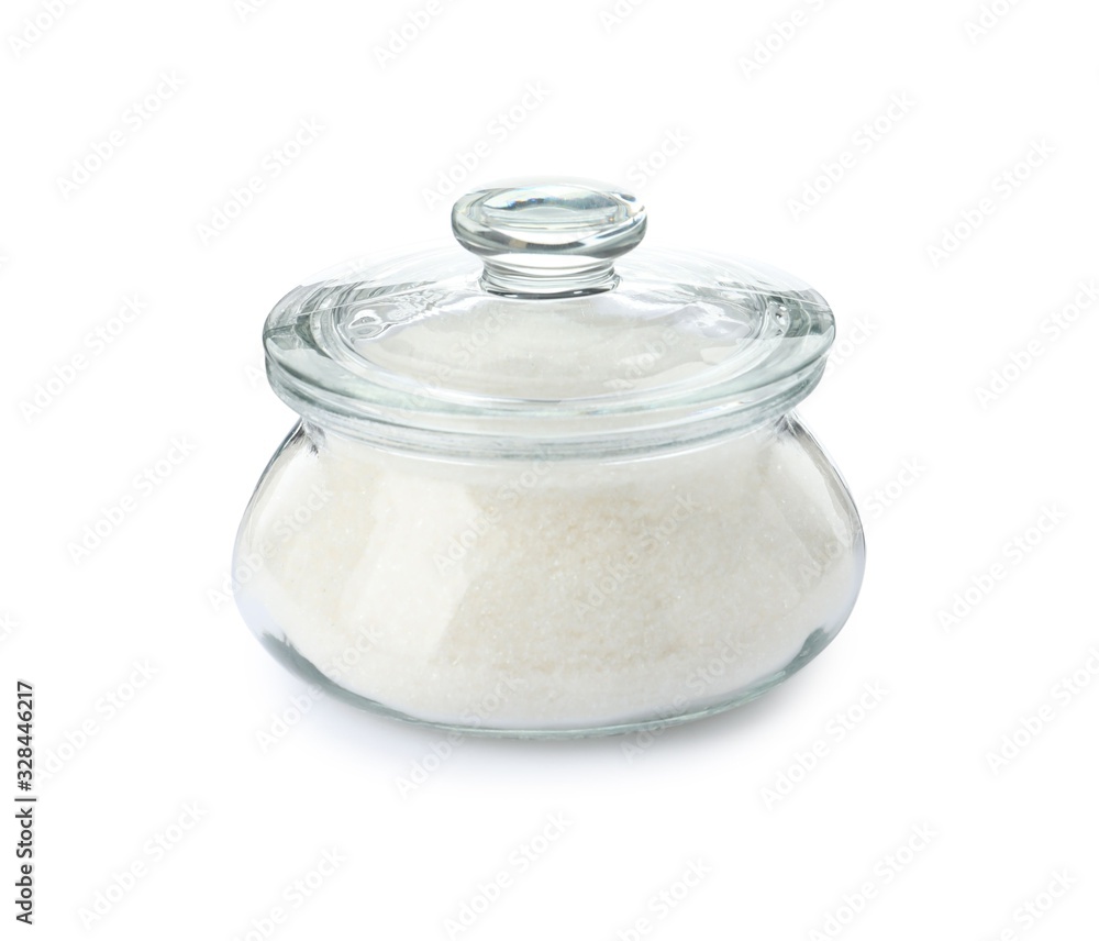 Glass bowl with sugar isolated on white Glass bowl with sugar isolated on white