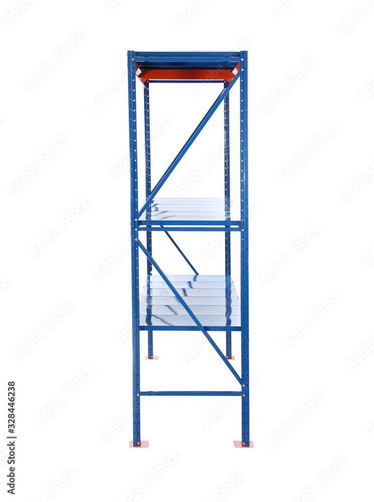 Empty metal shelving unit isolated on white Empty metal shelving unit isolated on white