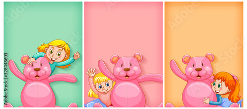 Plain background with happy girl and pink teddy bear