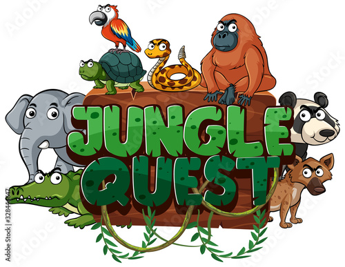 Font design for word jungle quest with wild animals on white background