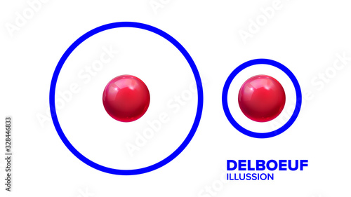 Optical Delboeuf Illusion Balls In Round Vector. Visual Illusion With Smaller Or Bigger Glossy Red Shiny Spheres In Blue Frame. Different Size Effect Of Titchener Circles Realistic 3d Illustration