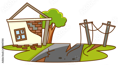 Scene with broken house from earthquake