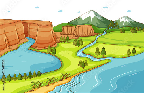 Nature scene background with river running down the mountain