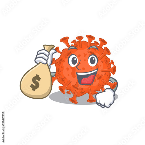 Smiley rich electron microscope coronavirus cartoon character bring money bags