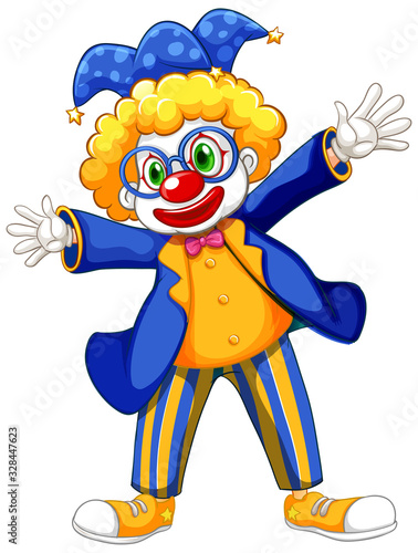 Funny clown wearing blue jacket and glasses