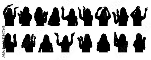 Woman claps palms, waves hands and greets, set of silhouettes. Vector illustration.
