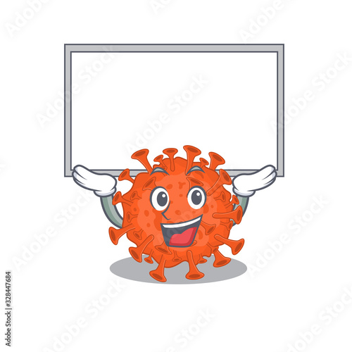 Happy cartoon character of electron microscope coronavirus raised up board