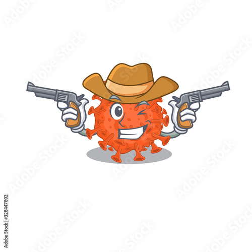 Funny electron microscope coronavirus as a cowboy cartoon character holding guns
