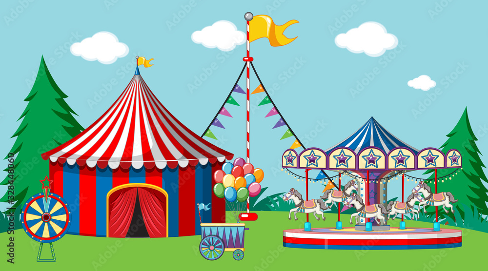 Scene with circus tent and carousel in the park Scene with circus tent and carousel in the park