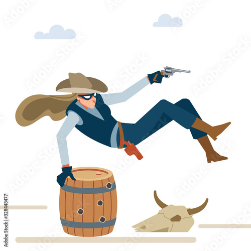 Professional robber cowboy girl in a shootout jumps over the barrel. Wild west. Cartoon vector illustration. Flat style. Isolated on white background