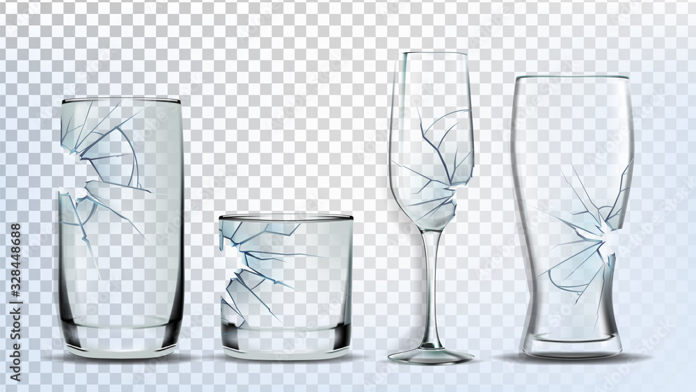 Broken And Damaged Glasses Collection Set Vector. Crashed Wine And Beer