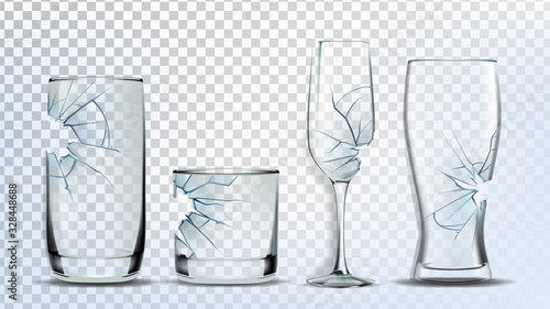 Broken And Damaged Glasses Collection Set Vector. Crashed Wine And Beer, Champagne, Whiskey And Juice Glasses. Transparency Drink Glassware Concept Template Realistic 3d Illustrations