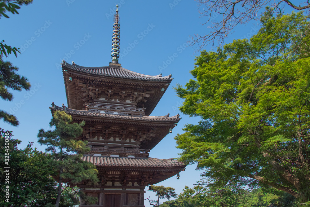 Three-storied pagoda in Japanese garden (Yokohama, Kanagawa, Japan)