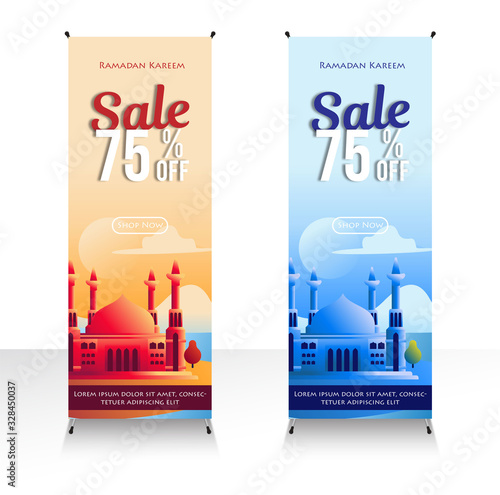 Modern banner sale 75% off with mosque illustrations for the month of Ramadan, Eid Al-Fitr and Eid al-Adha photo