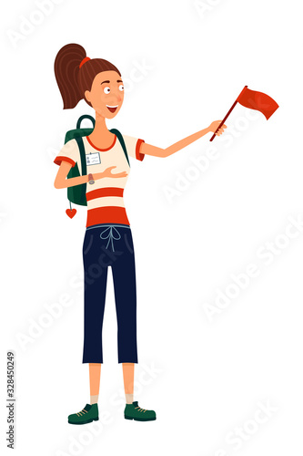 Vector character of woman guide with red flag