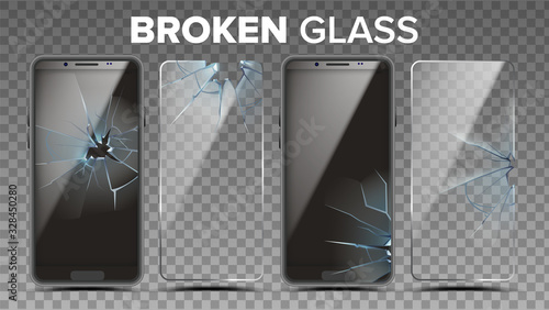 Broken Glass Phone Screen Protector Set Vector. Damaged Smartphone Protection Glass And Touchscreen. Transparent Tempered Modern Cellphone Display Cover Accessory Realistic 3d Illustration