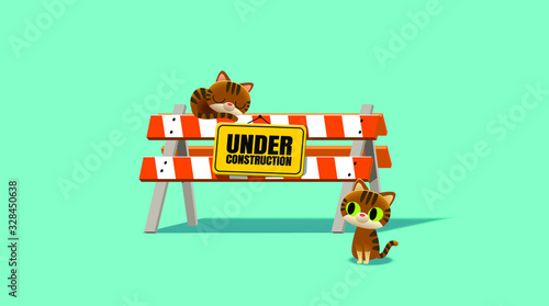 Vector illustration of under construction sign with cat sleeping on it and another cat sitting nearby 