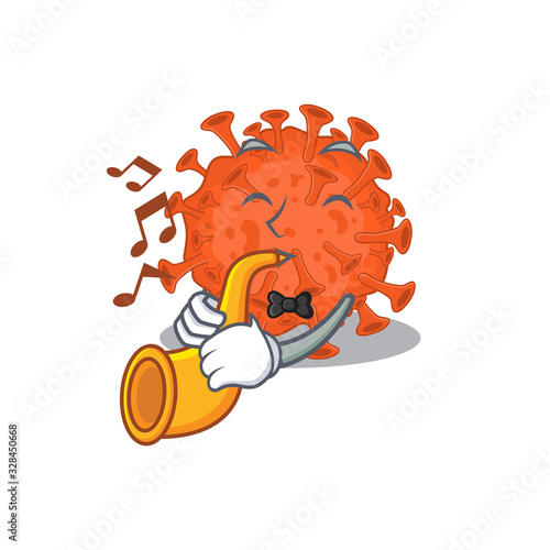 Electron microscopy coronavirus cartoon character design playing a trumpet