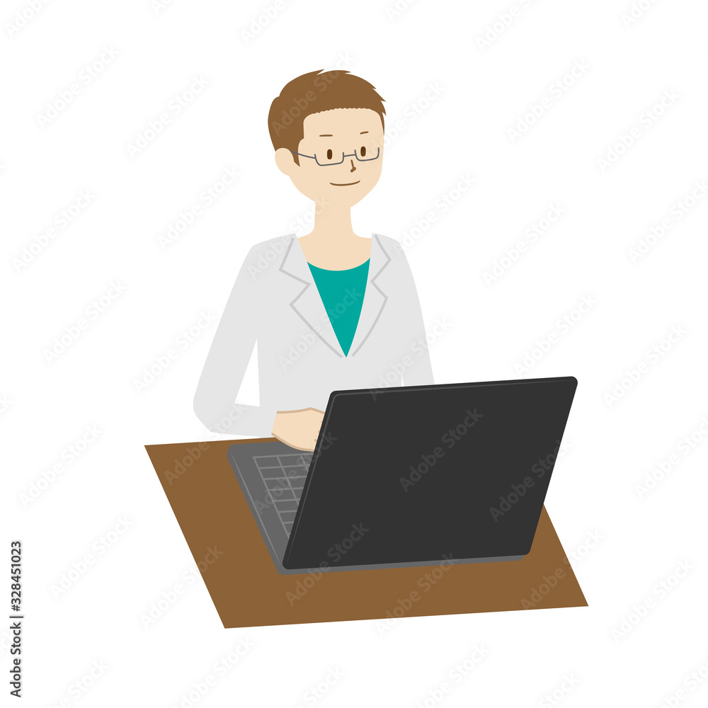 Illustration of a male doctor using a laptop Illustration of a male doctor using a laptop