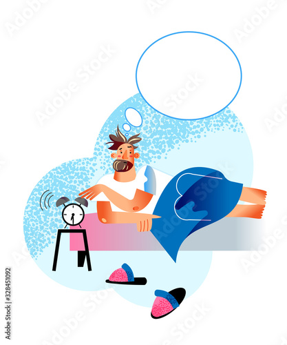 Vector characters man wakes up alarm early morning