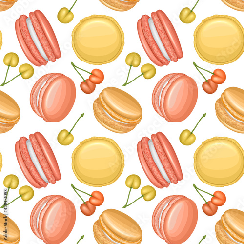 Cute seamless pattern with french cookies macaroons and cherries on white background. Suitable for packaging, fabric or napkins and menus decoration. Vector illustration in cartoon style