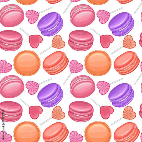 Cute seamless pattern with sweets and french cookies macaroons on white background. Suitable for packaging, fabric or napkins and menus decoration. Vector illustration in cartoon style