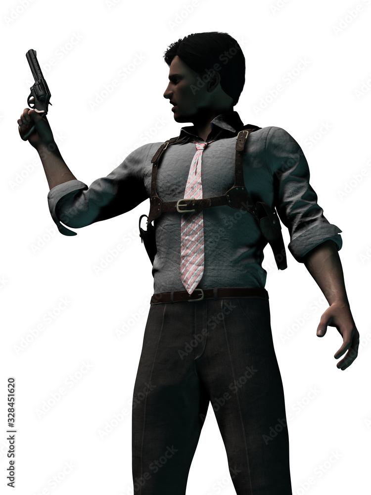 Standing Detective with Raised Weapon 3-D-Illustration (White Background) Standing Detective with Raised Weapon 3-D-Illustration (White Background)